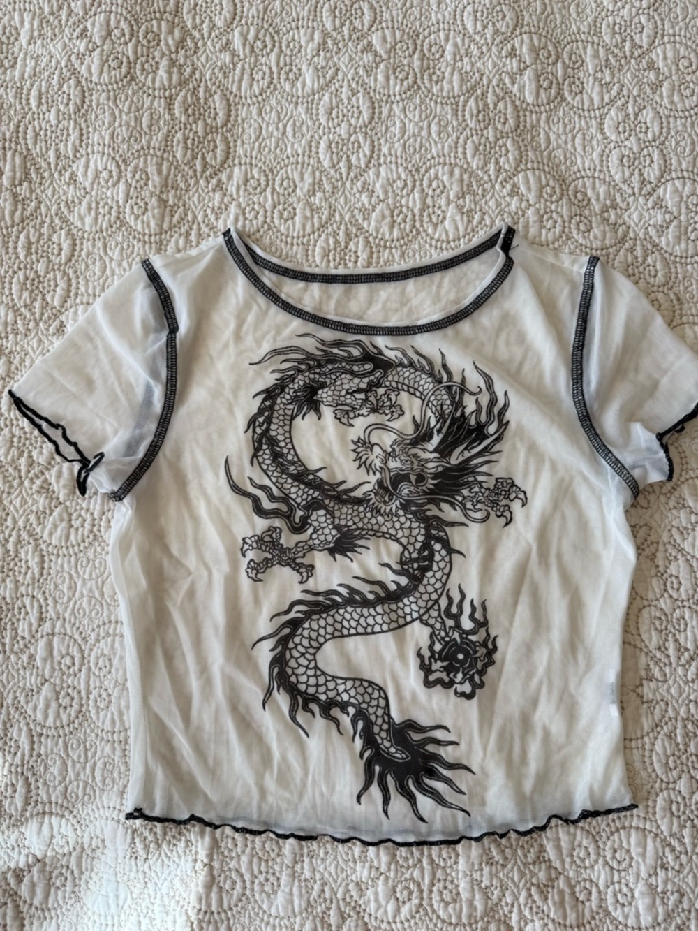 White Mesh Baby Tee with Black Dragon Graphic